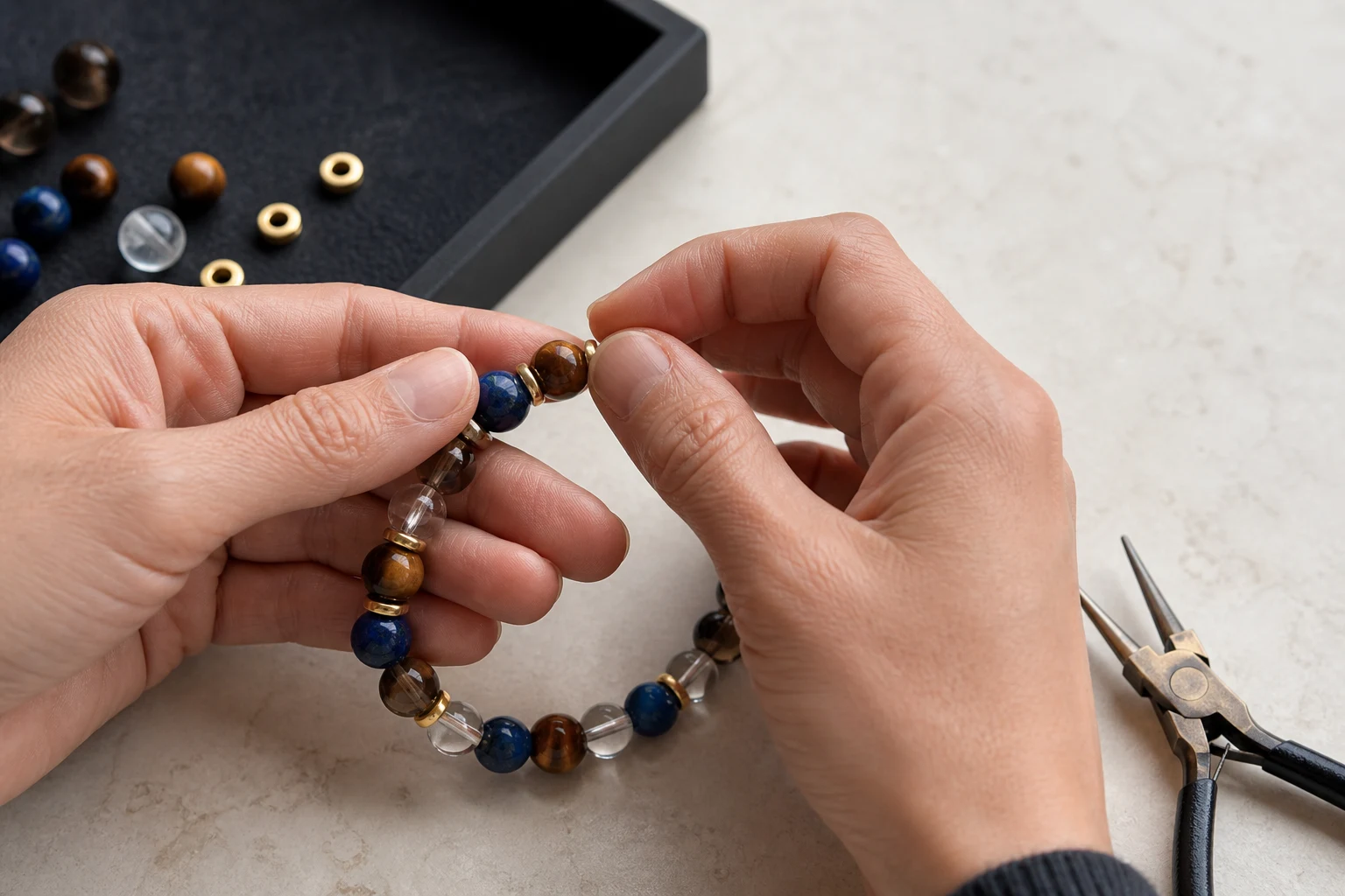 Artisan hands assembling a natural-stone bracelet with gold spacers